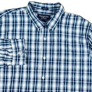 Abercrombie & Fitch Muscle Fit Plaid Shirt Blue White Cotton Button Down Mens XL